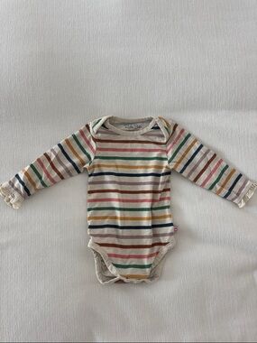 Ruffle Butts Cream Striped Long-Sleeve One-Piece with Rainbow Stripes